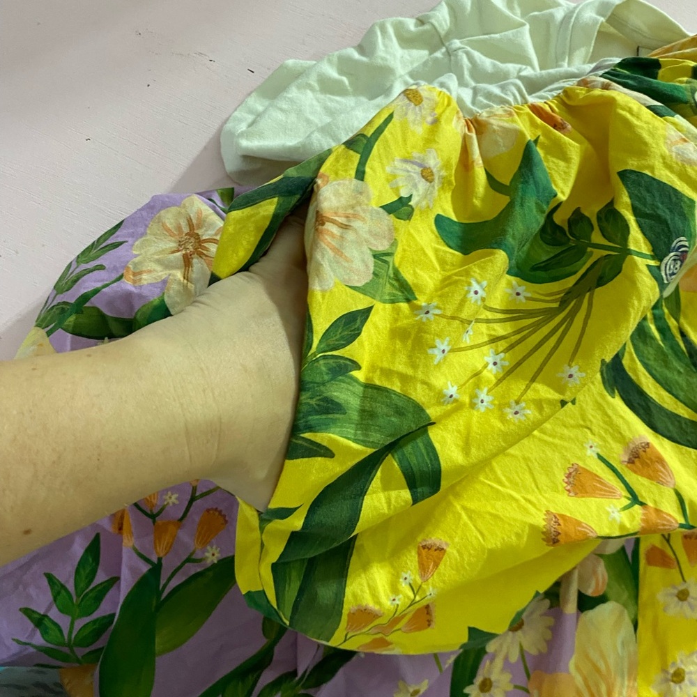 Farm Rio 100% Cotton Tiered Maxi Shirt Dress yellow floral motif Large Petite - Picture 10 of 16